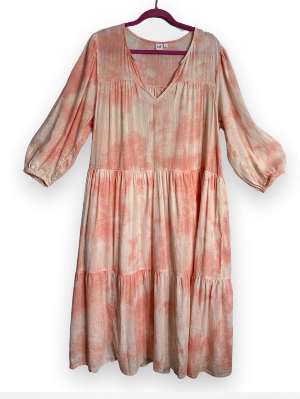 GAP Peach Ivory Tie Dye Tiered Midi Dress XL Cotton Blend Boho Casual Resortwear